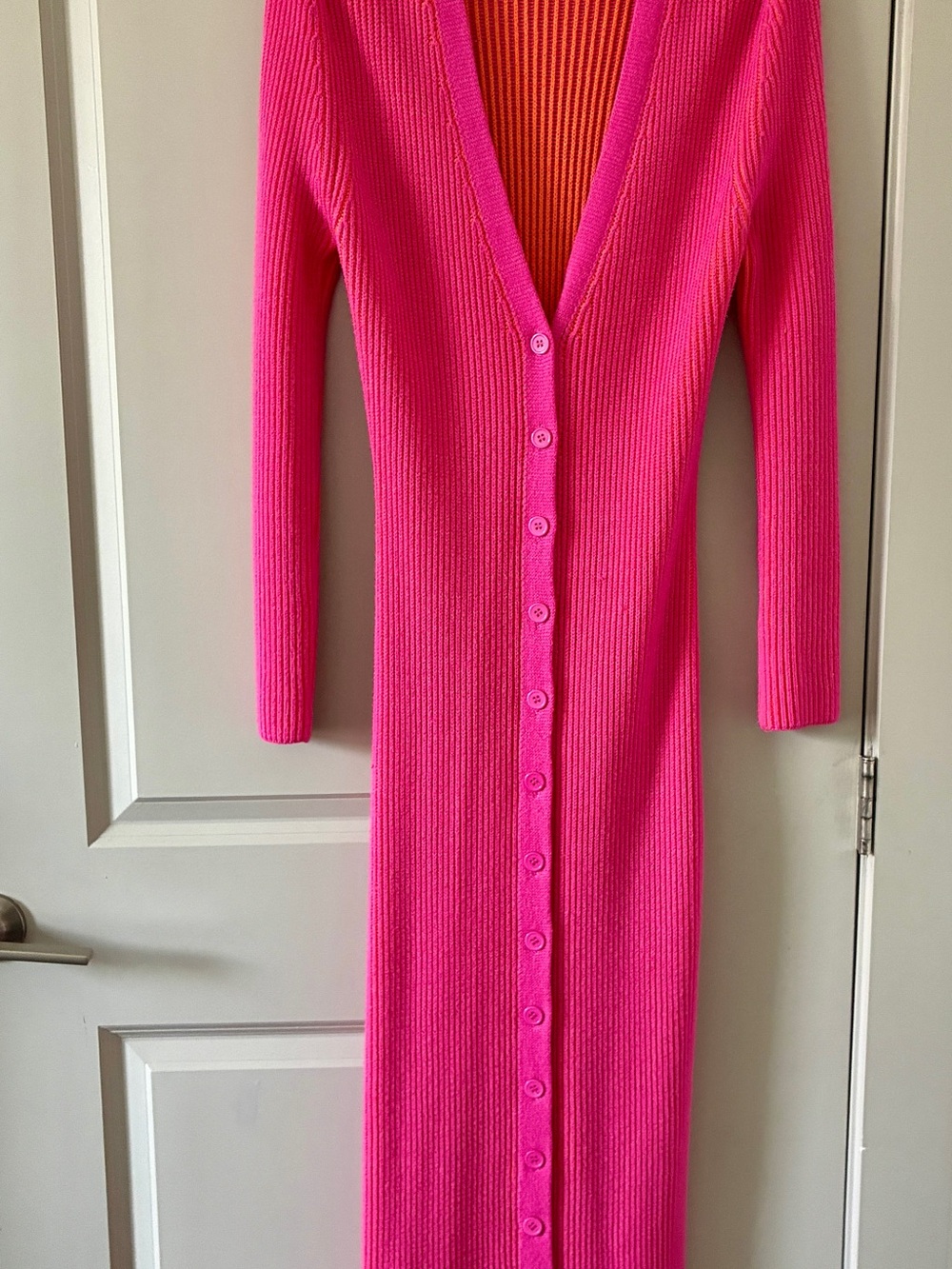 Fashion Nova Hot Pink Ribbed Button-Front Long Sleeve Dress